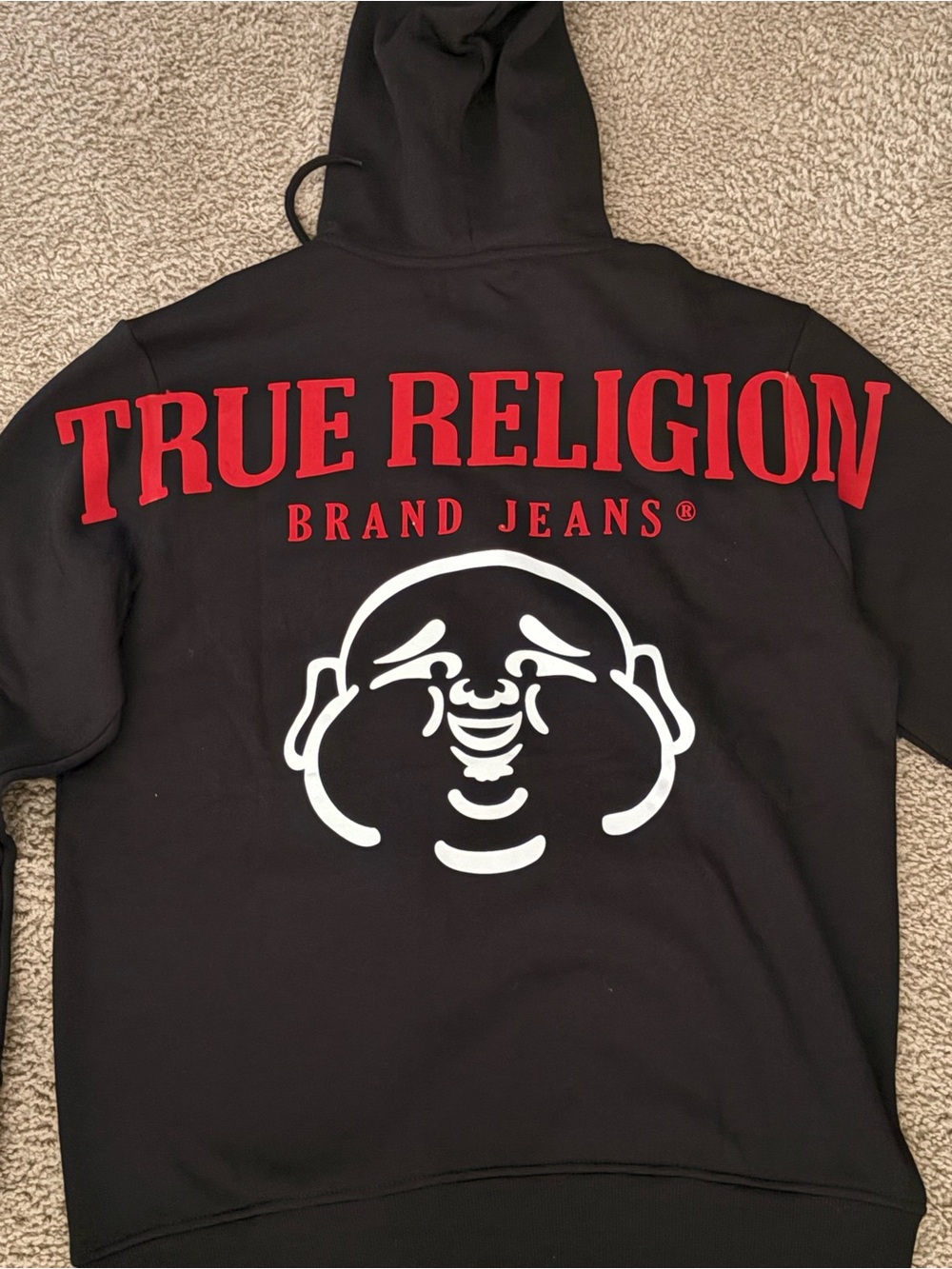 True Religion Black Hoodie with Red Logo and White Graphic